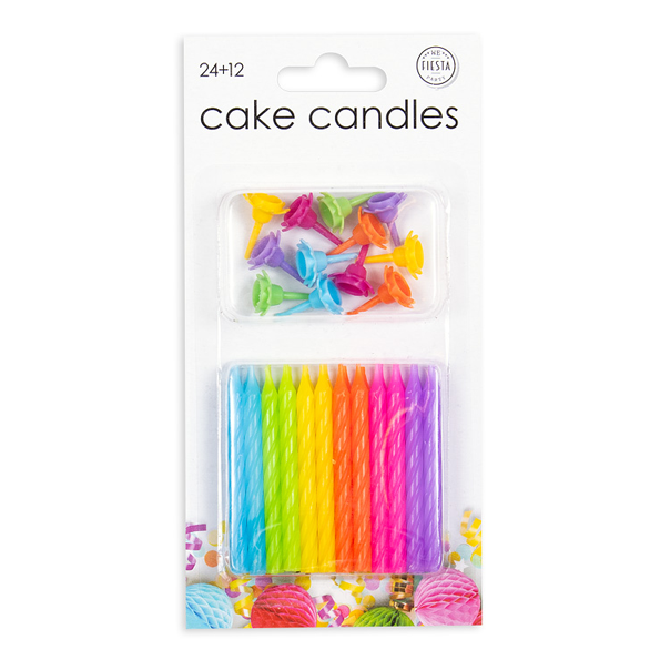 24 Kuchenkerzen (regenbogenfarben) mit Halter