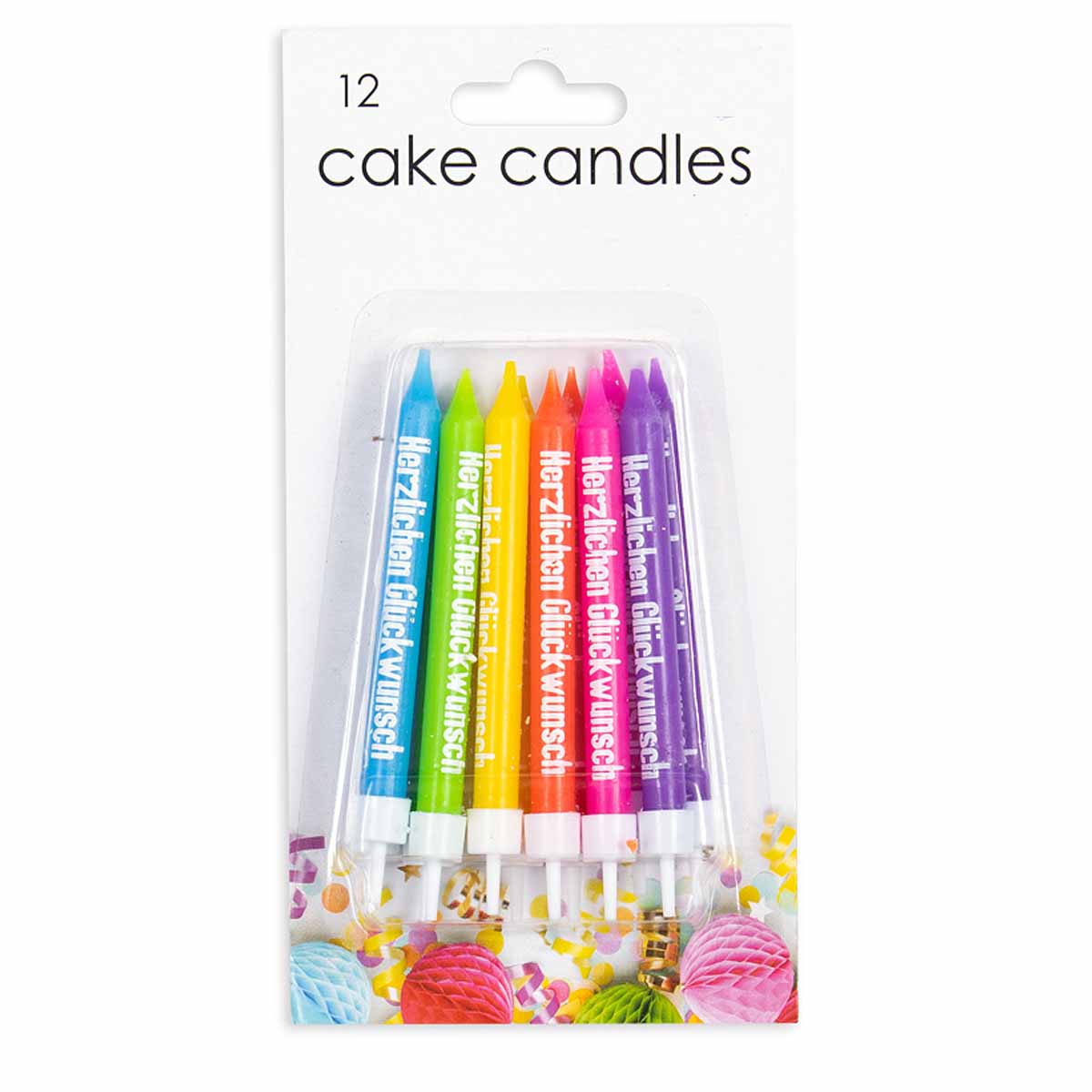 12 Kuchenkerzen (Herzlichen Glückwunsch / bunt) mit Halter