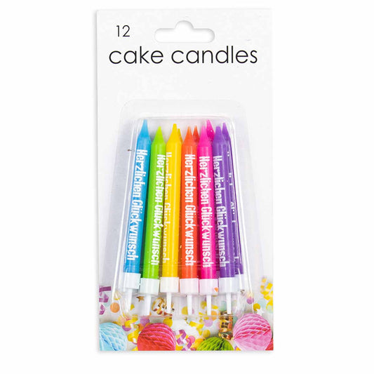 12 Kuchenkerzen (Herzlichen Glückwunsch / bunt) mit Halter
