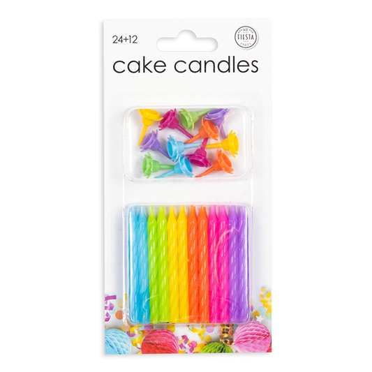24 Kuchenkerzen (regenbogenfarben) mit  Halter