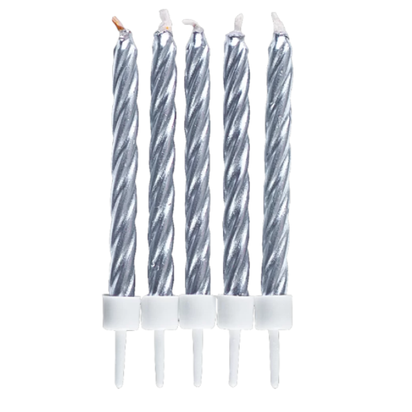 10 Kuchenkerzen (silber) mit Halter