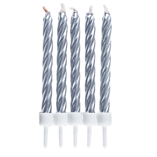 10 Kuchenkerzen (silber) mit Halter