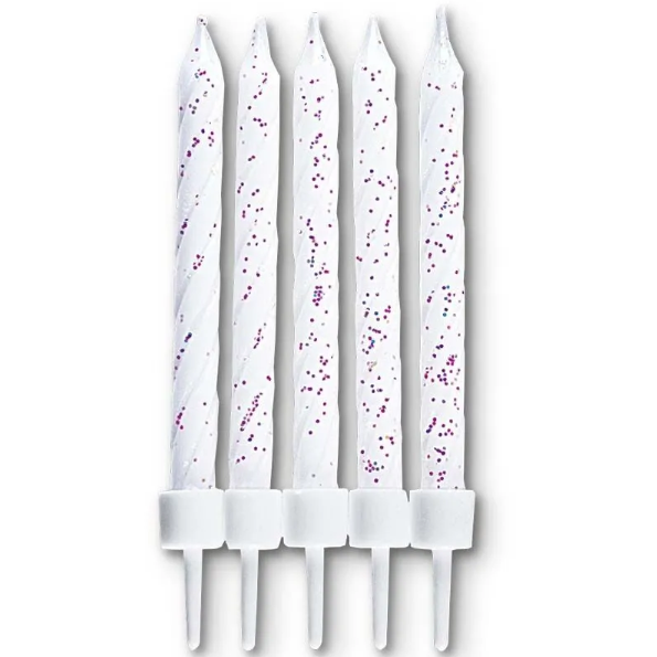 10 Kuchenkerzen (weiß mit Glitzer) mit Halter