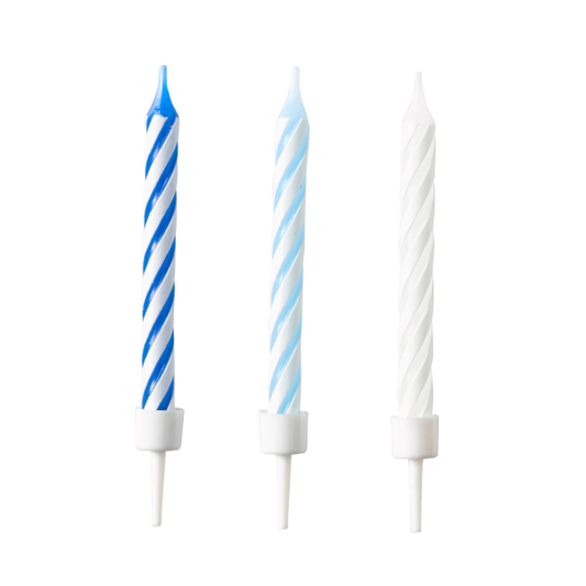 10 Kuchenkerzen (blau/hellblau/weiß gemischt) mit Halter
