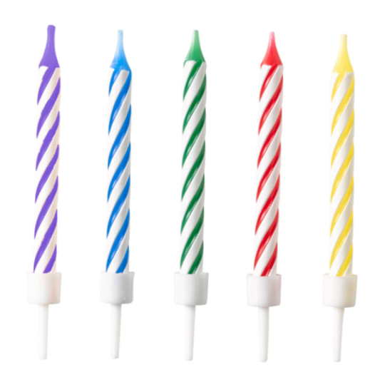 10 Kuchenkerzen (regenbogenfarben) mit Halter