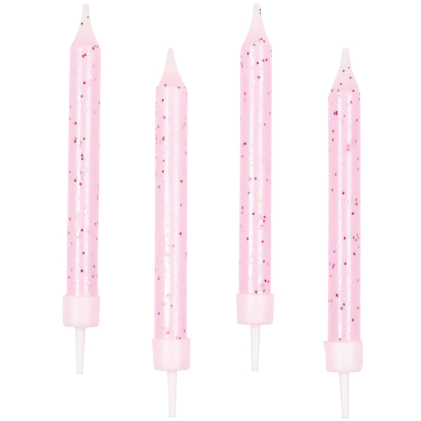 10 Kuchenkerzen (rosa mit Glitzer) mit Halter