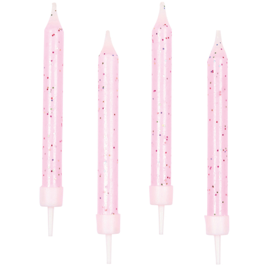 10 Kuchenkerzen (rosa mit Glitzer) mit Halter